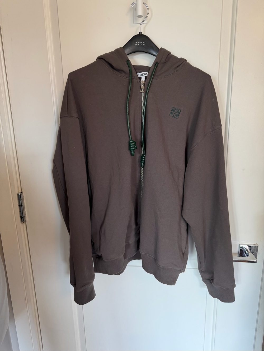 Loewe Brown Zip Hoodie with Green Accents Size M.